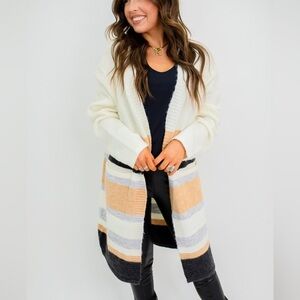 Entro Color Block Longline Open Front Knit Cardigan Beige Tan Grey Black Large
